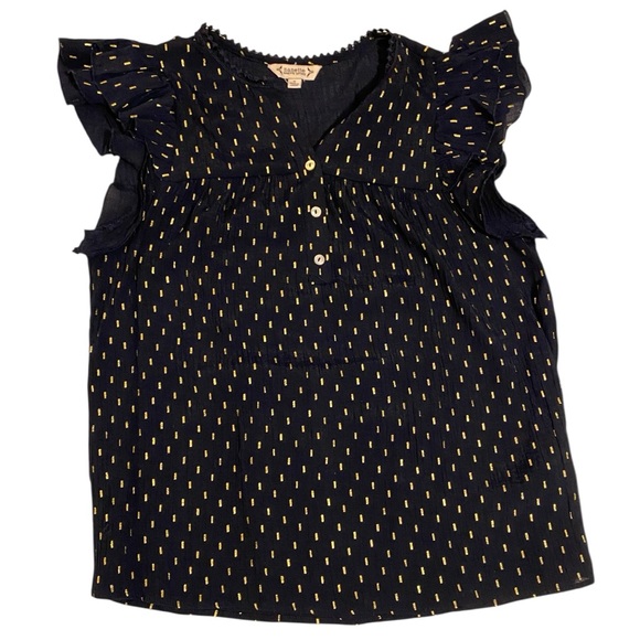 Nanette Lepore Navy Blue and Gold Ruffled Split Neck Collar Blouse Size Small - Picture 2 of 8